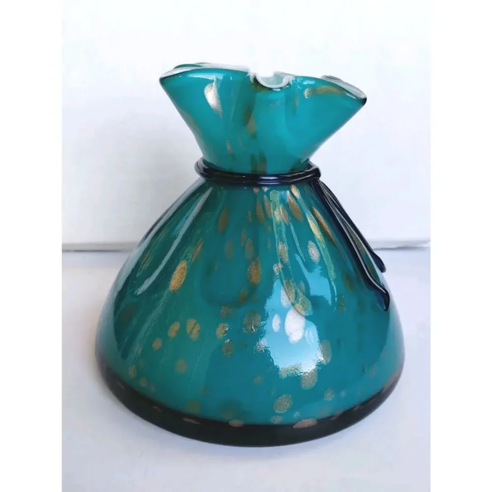 Vintage MCM Art Glass Blue-Green Gold Splashed Ruffled Lip Drawstring Purse Vase